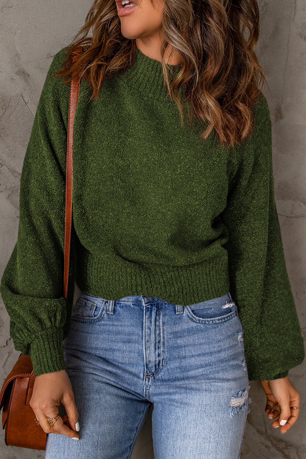 Rib Knit Trim Balloon Sleeve Sweater