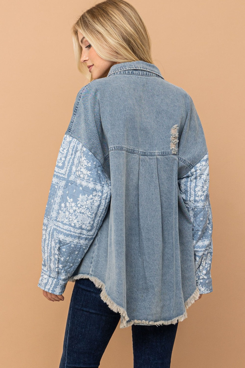 Light Wash Paisley Print Quilted Sleeves Denim Jacket