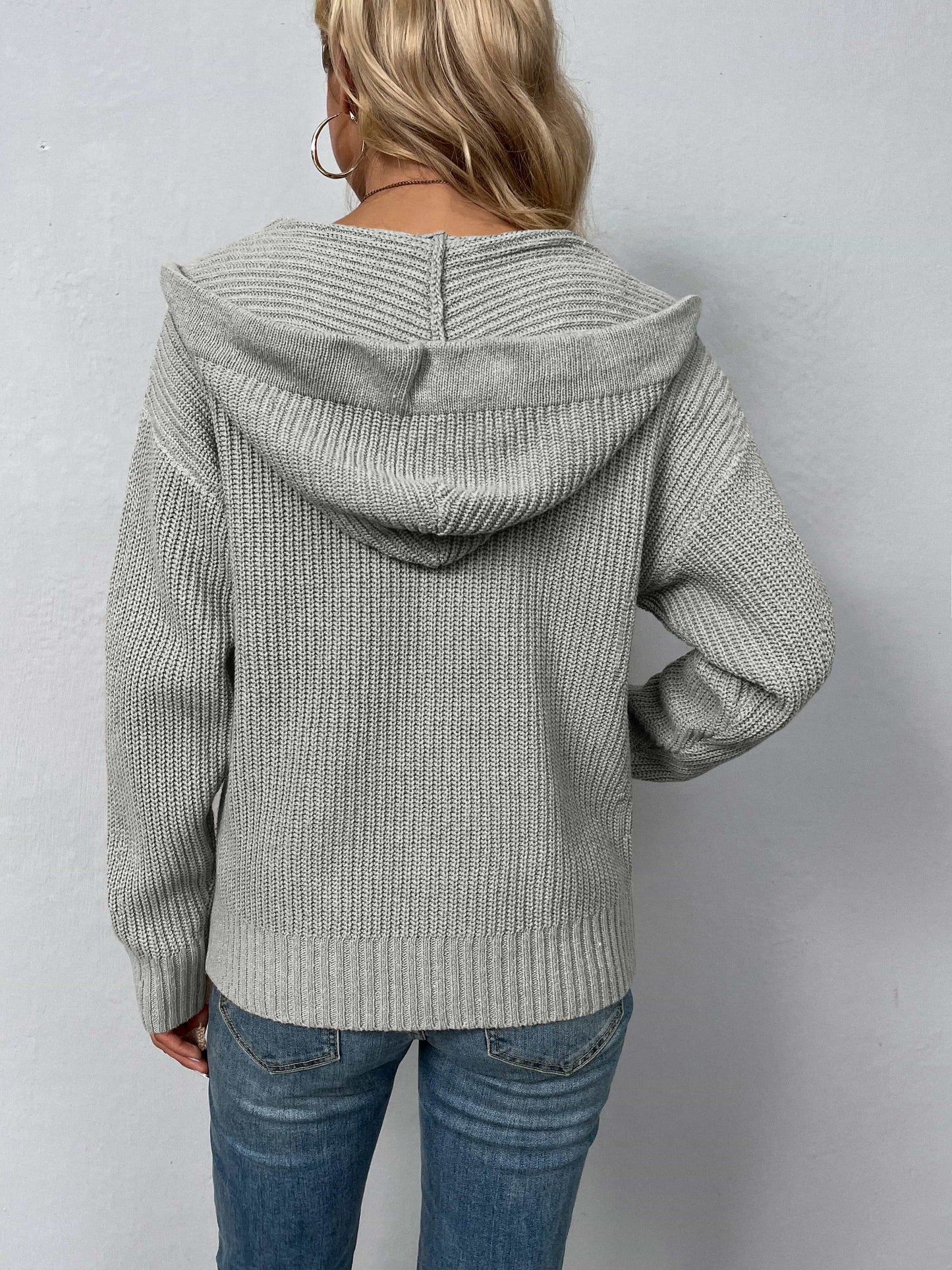 Rib Knit Zip-Up Hooded Cardigan