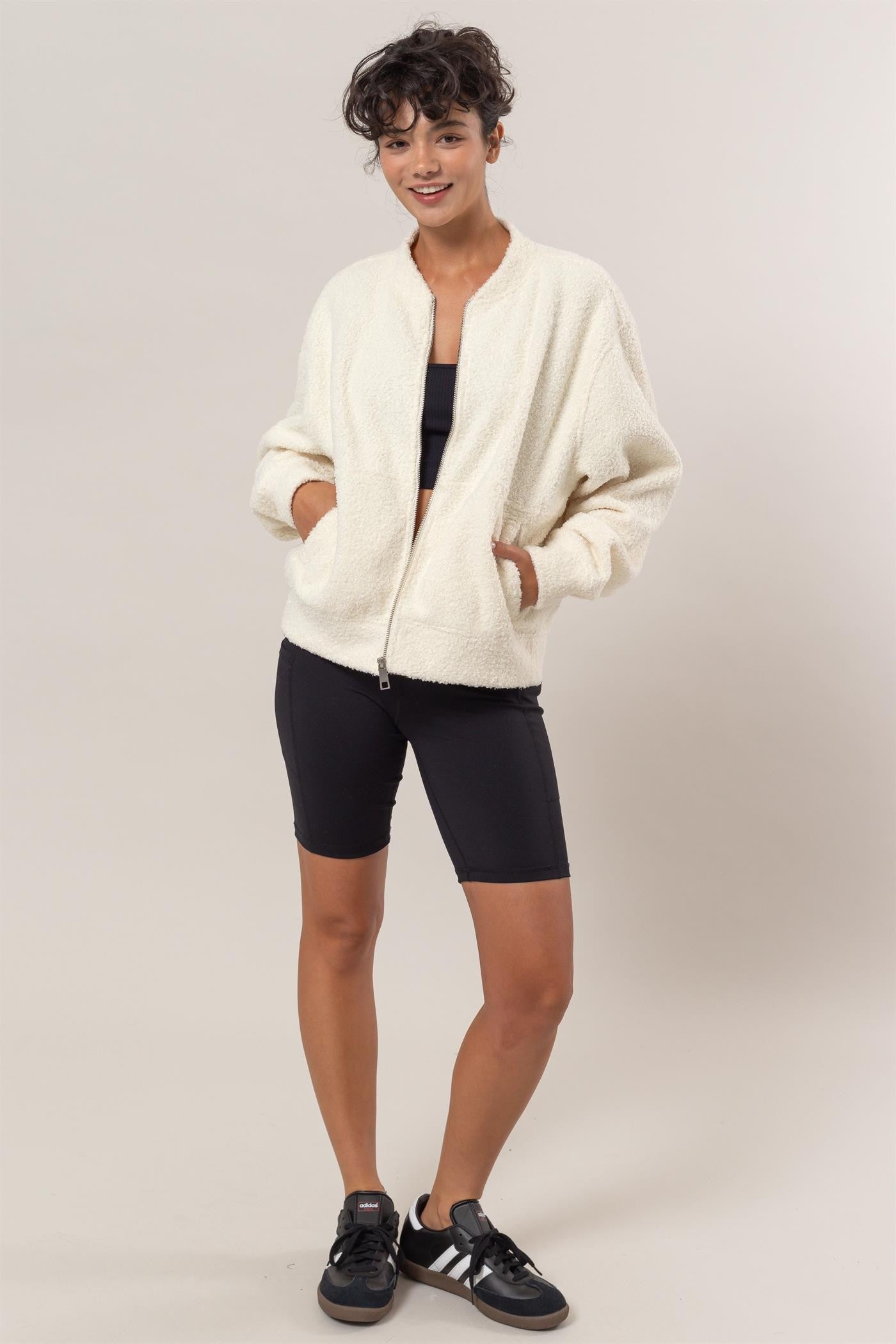 Zip Front Long Sleeve Fleece Jacket in Cream