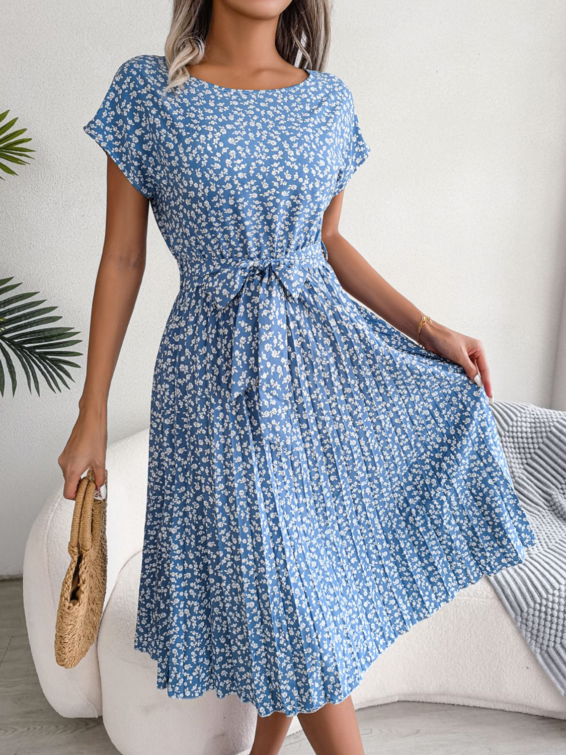 Ditsy Floral Pleated Tie Waist Midi Dress