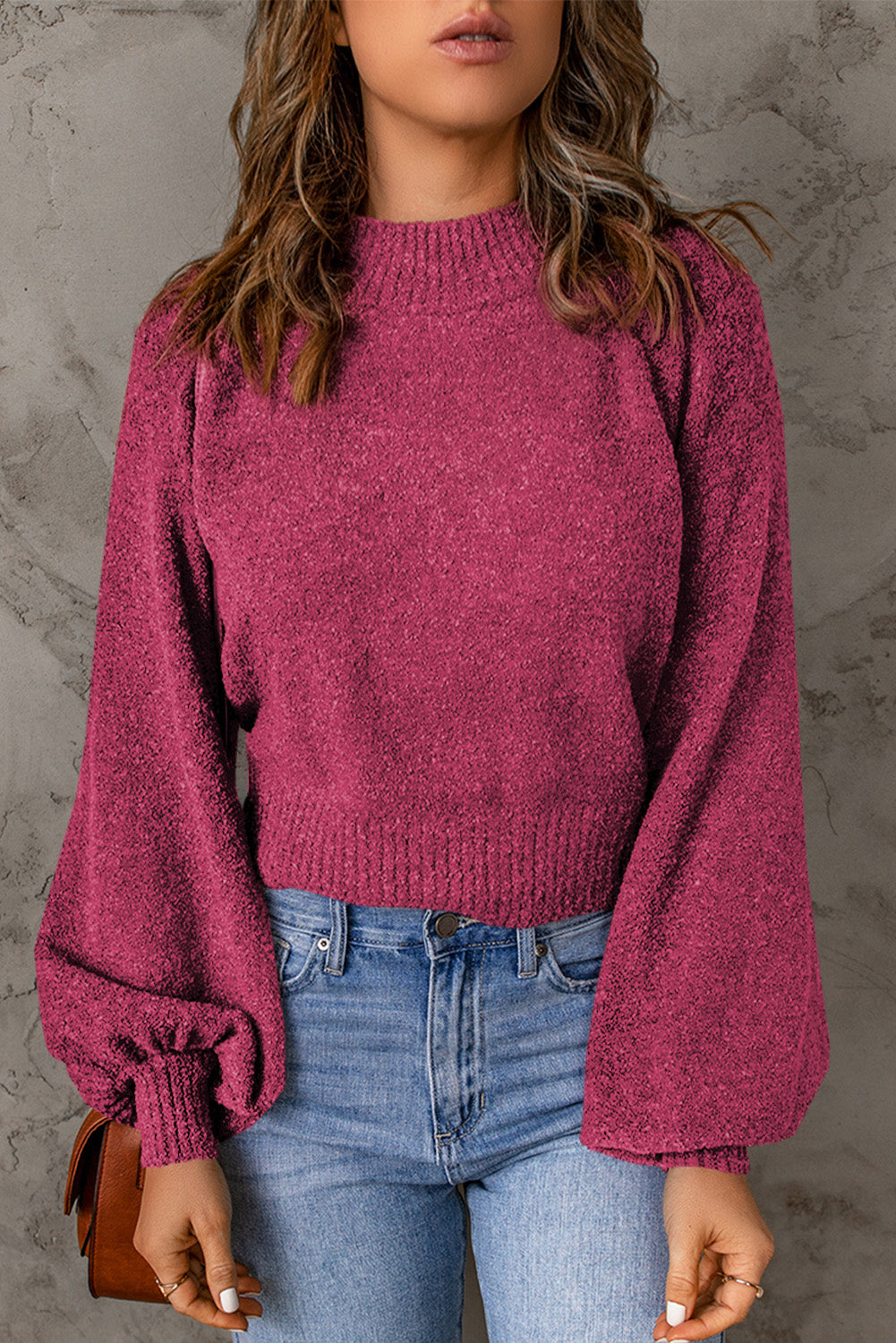 Rib Knit Trim Balloon Sleeve Sweater