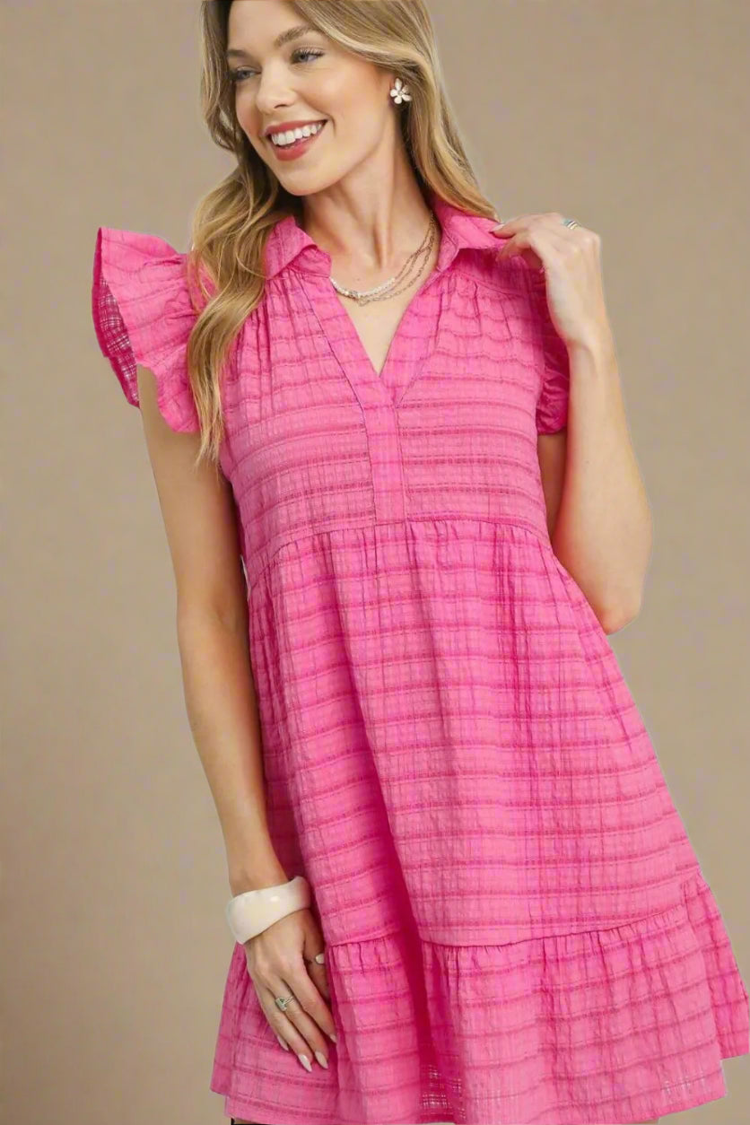 Hot Pink Flutter Sleeve Babydoll Dress