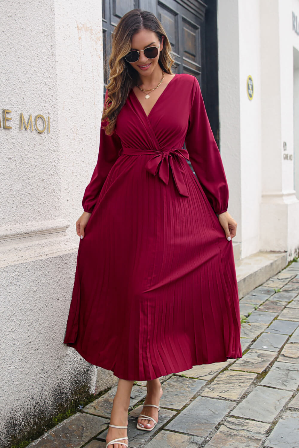 Long Sleeve Pleated Maxi Wrap Dress