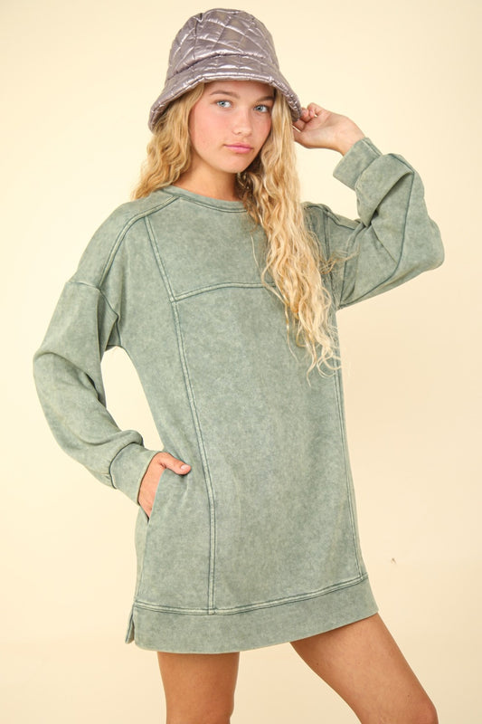 Mineral Washed Oversized Mini Sweatshirt Dress in Sage