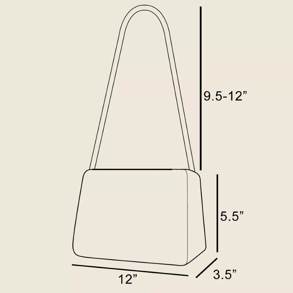 Line drawing of a handbag with dimensions on a beige background