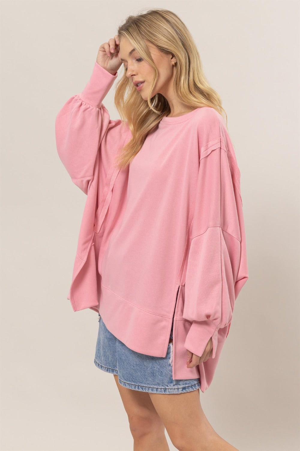 Pink French Terry Long Sleeve Tunic Sweatshirt