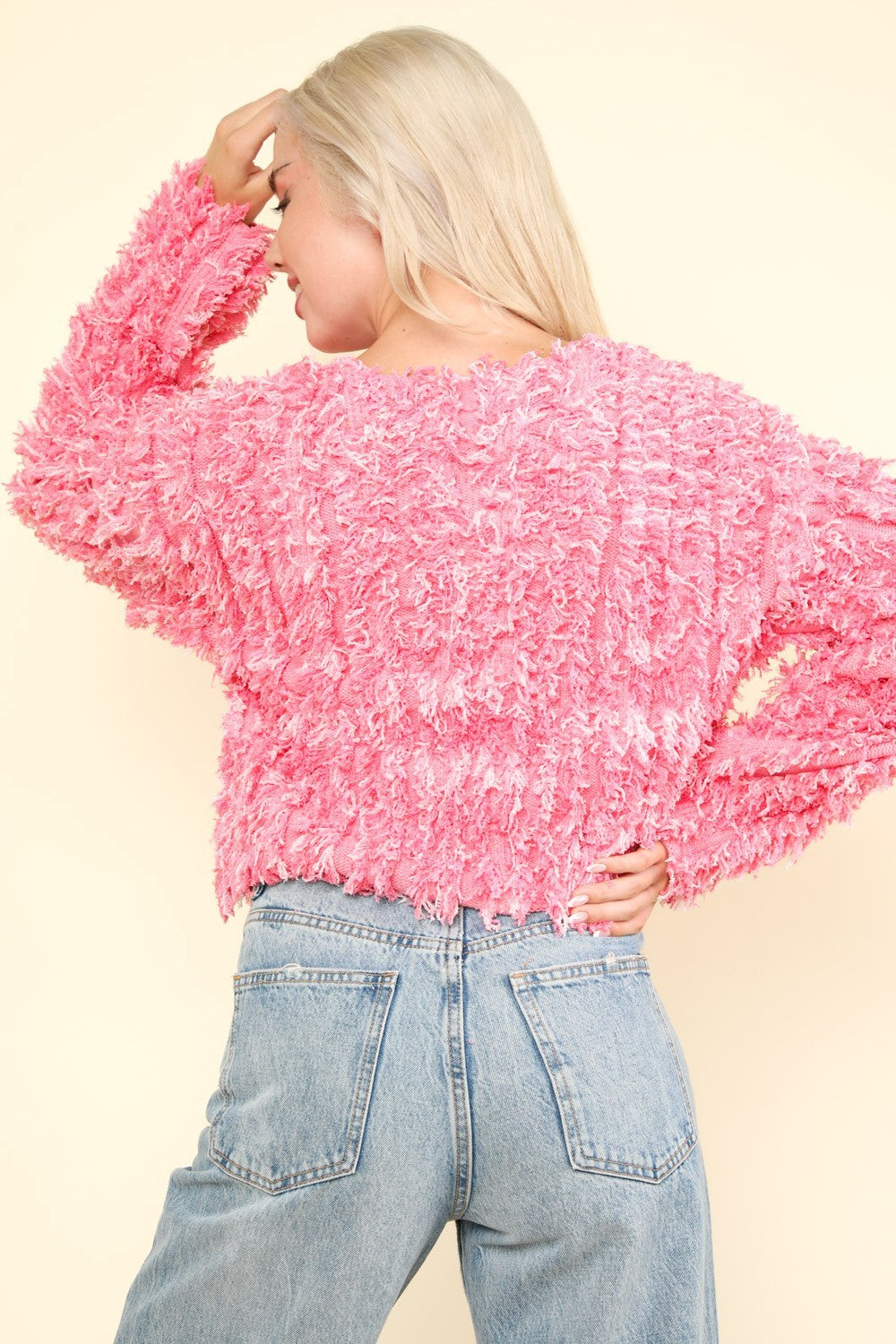 Pink Shaggy Yarn Knit Zip Up Jacket