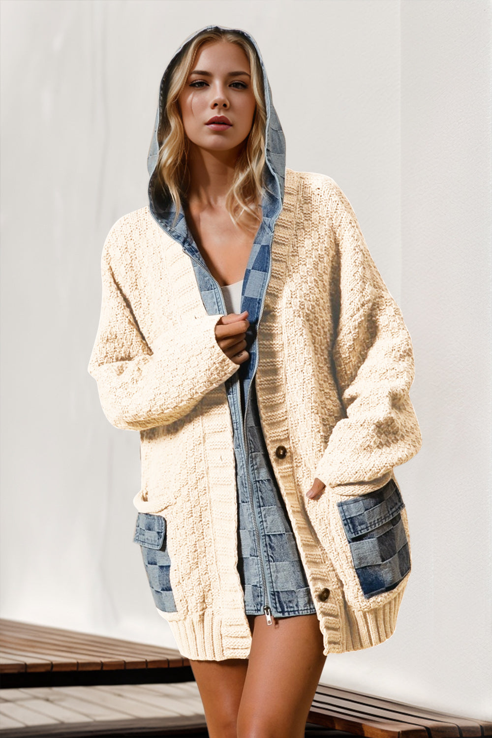 Denim Hooded Mock Layered Zip Front Cardigan