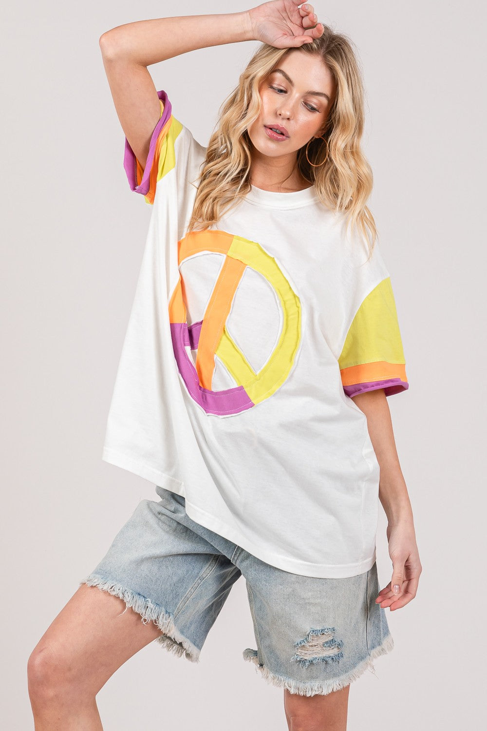 Multicolor Color Block Peace Sign Applique T-Shirt
