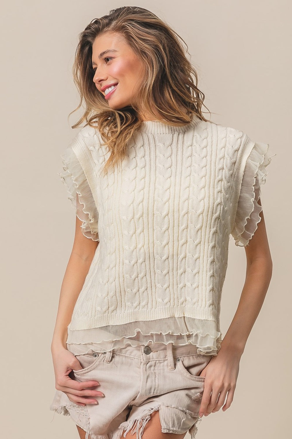 Layered Chiffon Trim Cable Knit Top in Cream