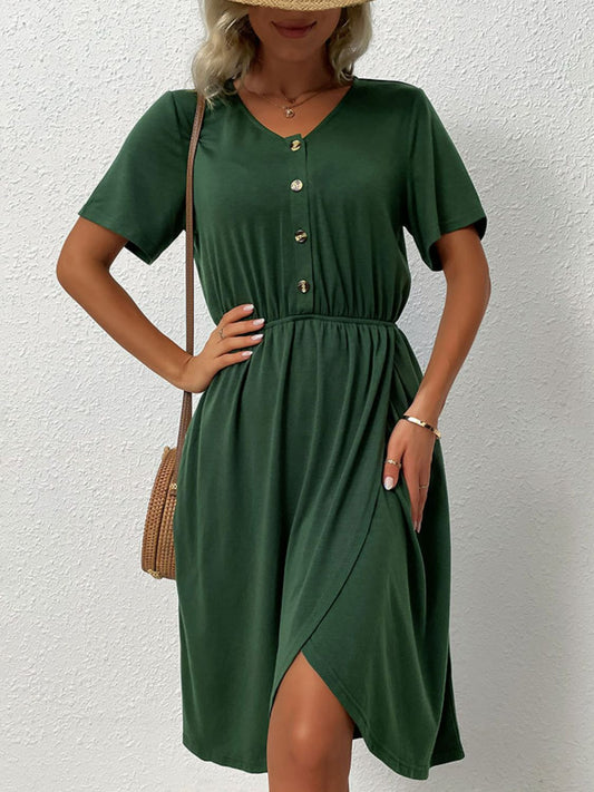 Dark Green V-Neck Short Sleeve Knee Length Dress