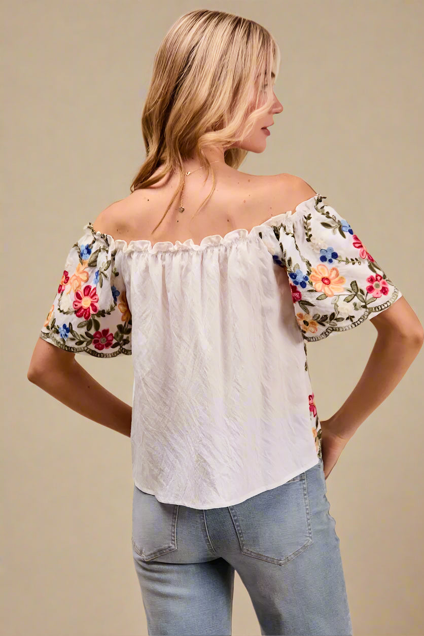 Woman wearing a white blouse with floral sleeves and blue jeans against a beige background