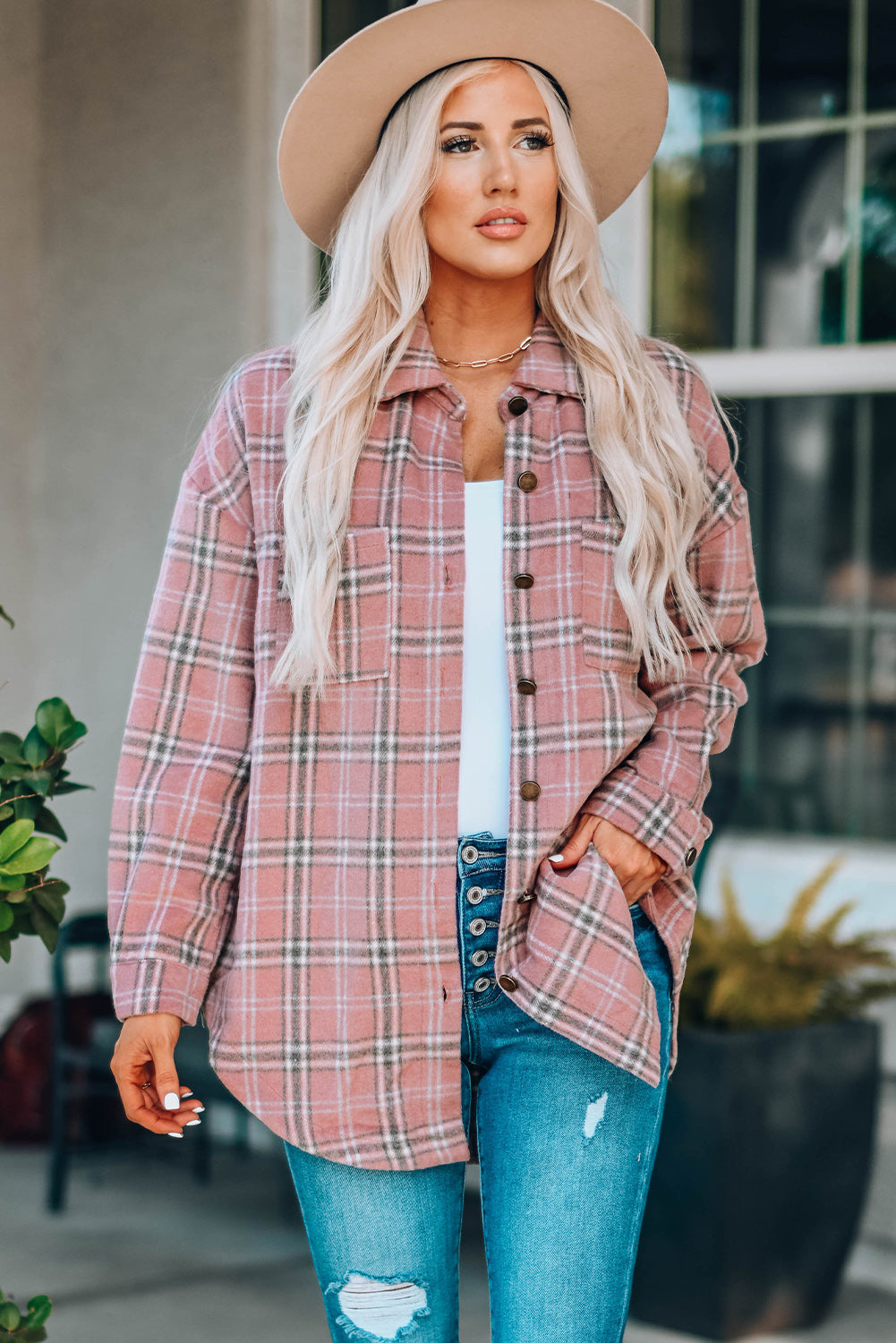 Plaid Curved Hem Longline Shacket