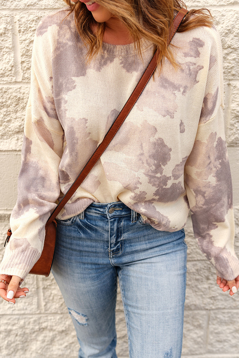 Beige Tie-Dye Distressed Sweater