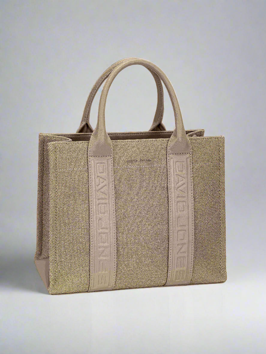 Beige handbag with 'DAVID JONES' branding on a white background