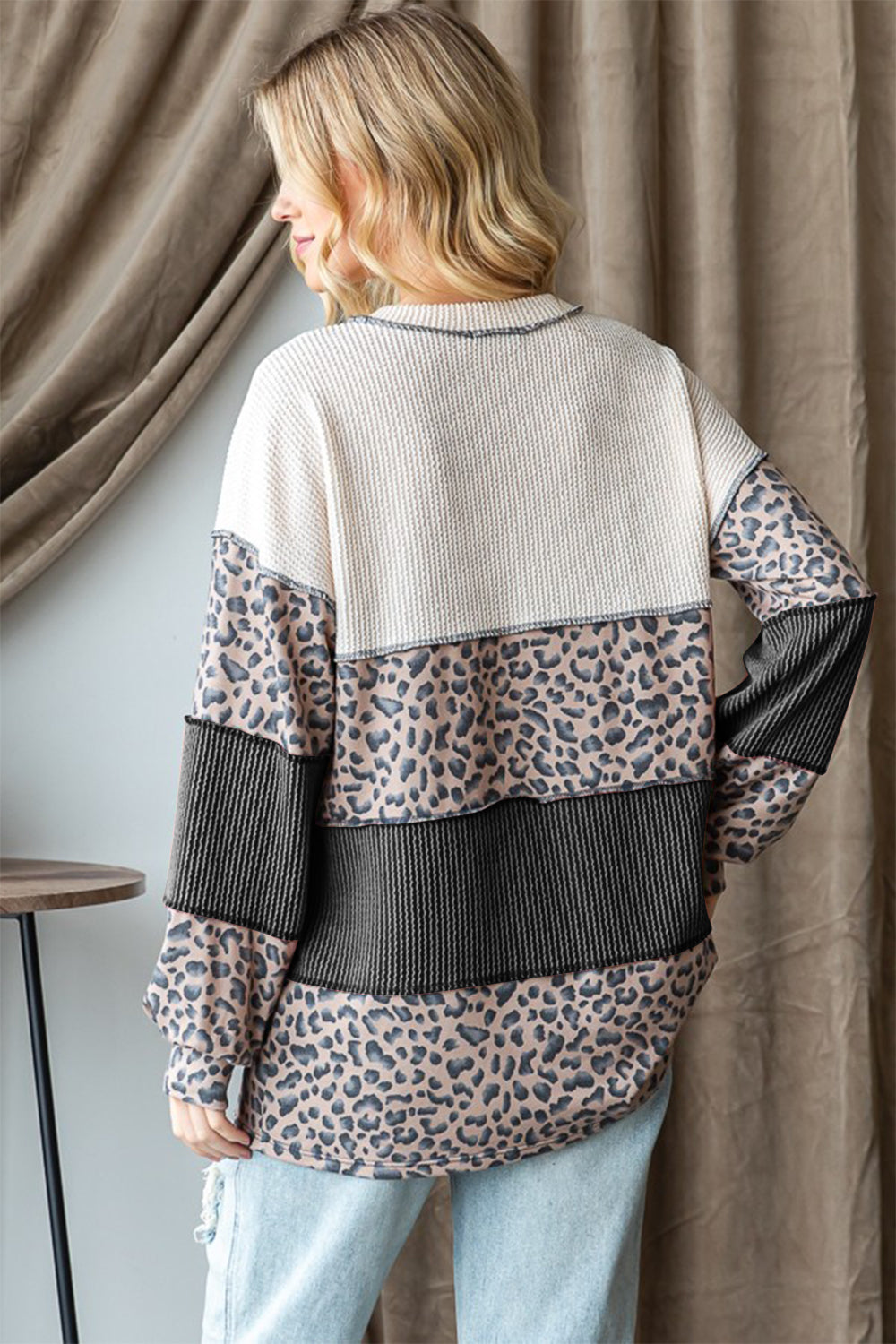 Color Block Long Sleeve Exposed Seam Top in Cream Charcoal