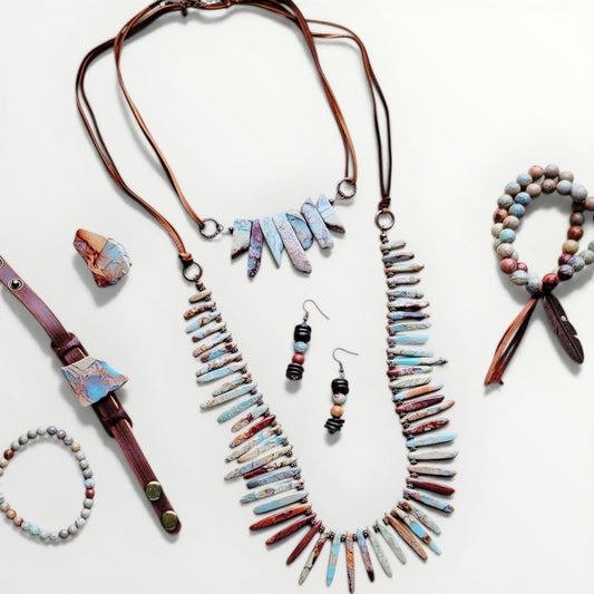 Jewelry set with necklaces, earrings, and bracelets on a white background