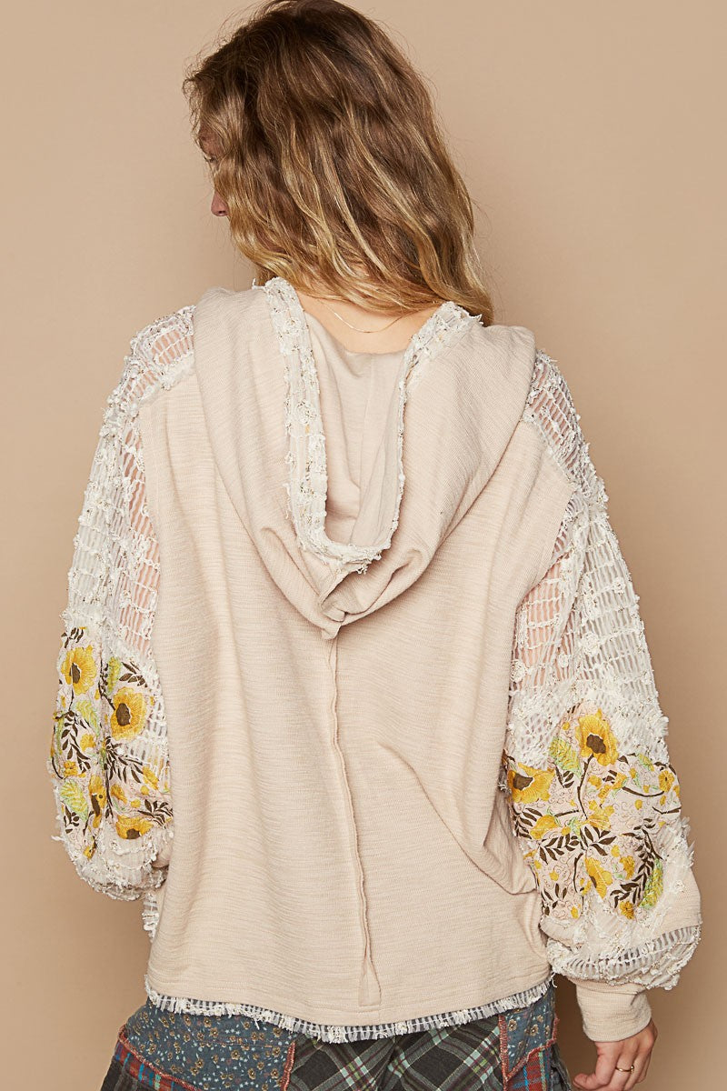 Beige Star Patch Lace Sleeve Hooded Top