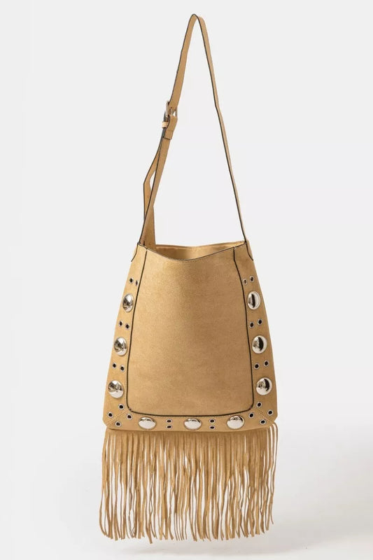 Beige handbag with fringe and stud details on a white background