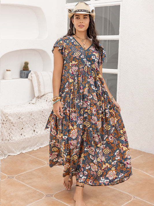 Plus Size Ruffled Sleeve Floral Print Maxi Dress