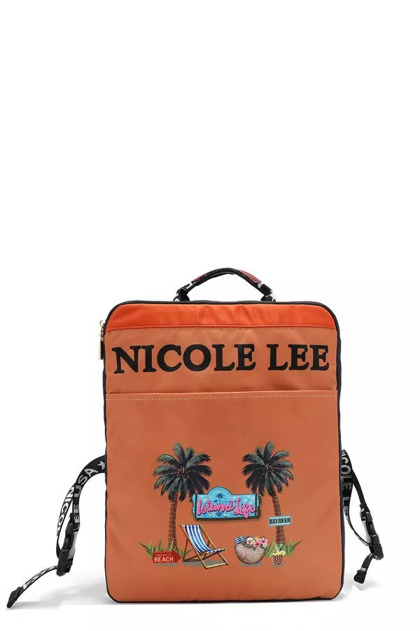 Orange backpack with 'Nicole Lee' branding and tropical designs on a white background