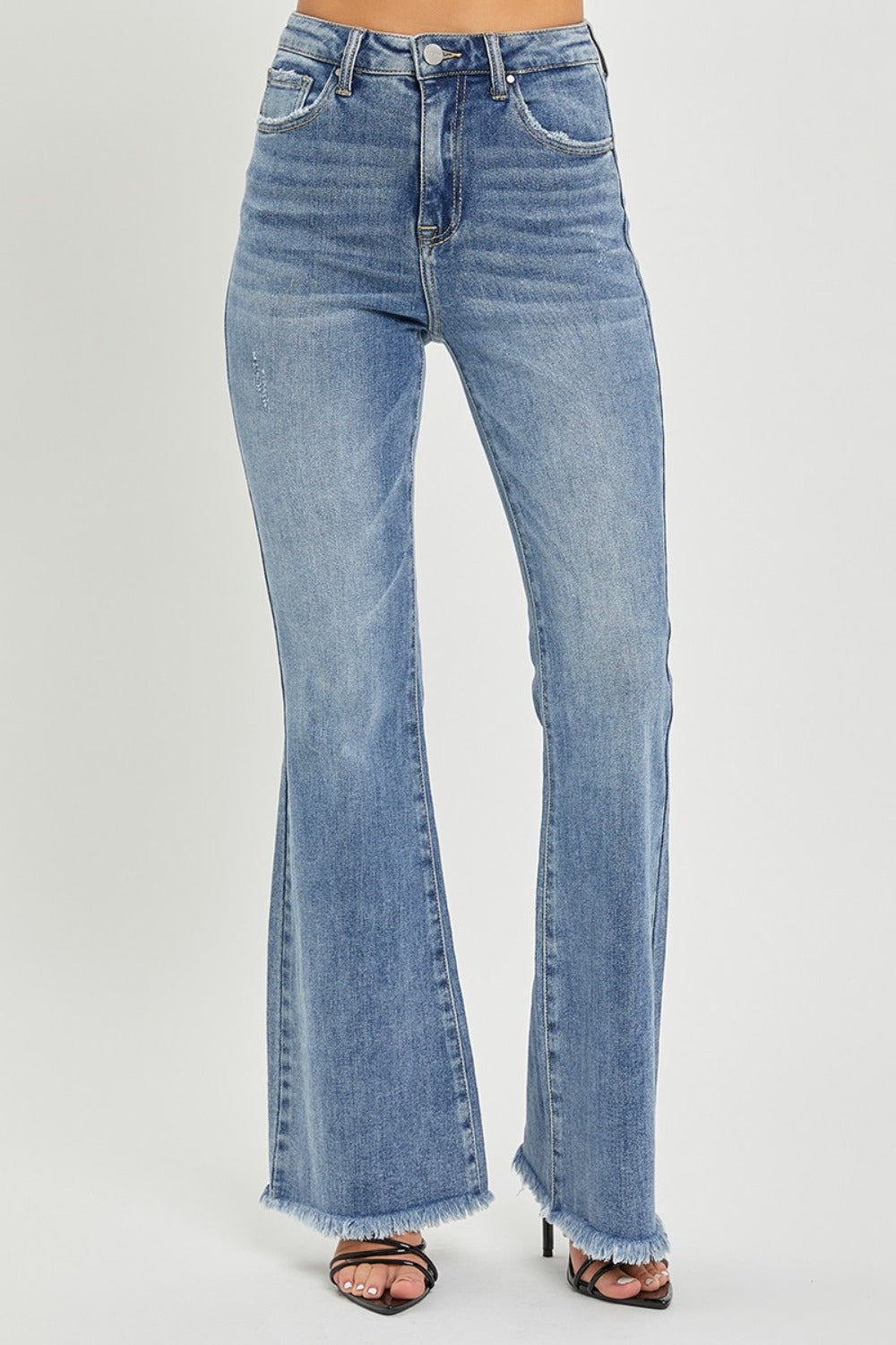 Medium Wash High Waist Raw Hem Flare Jeans