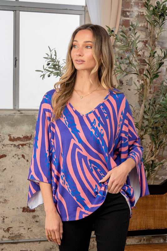 Printed Bell Sleeve V-Neck Top in Purple Royal Blue