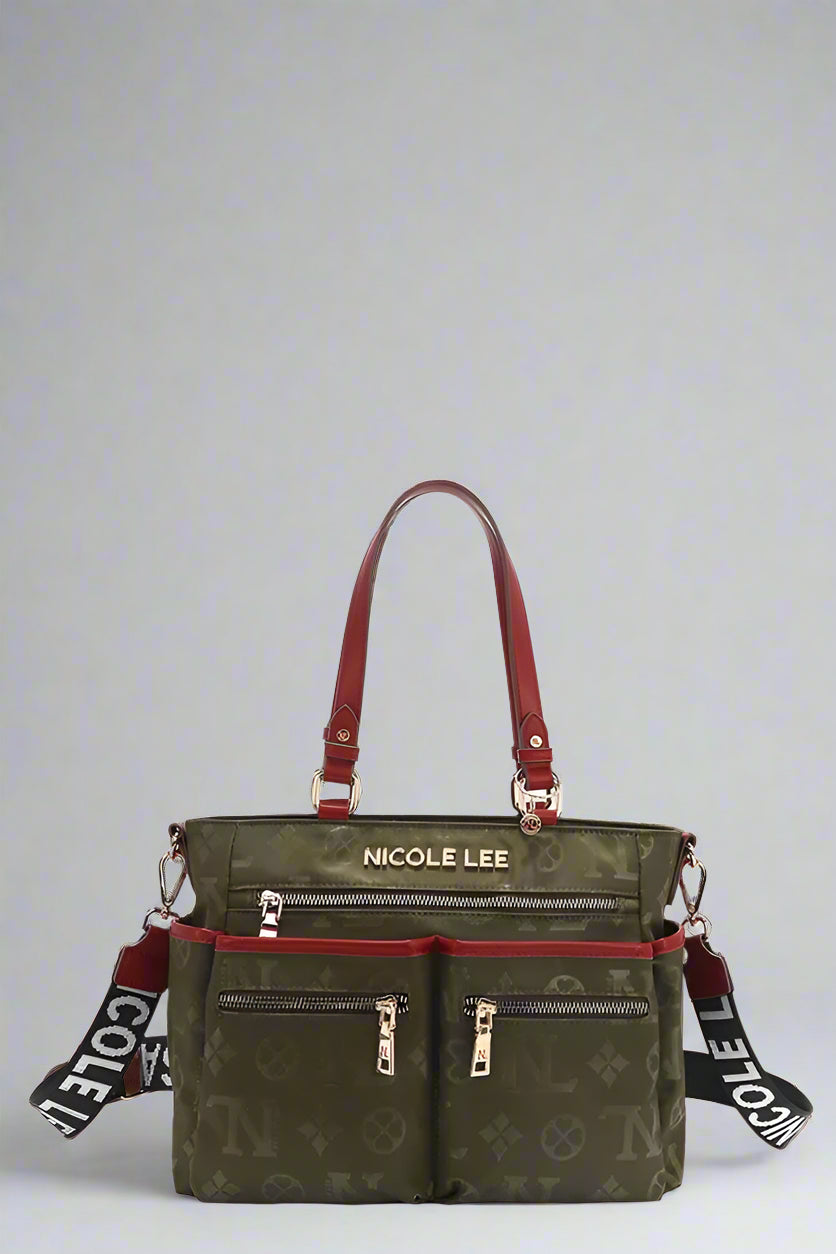 Green handbag with red accents and 'Nicole Lee' branding on a white background