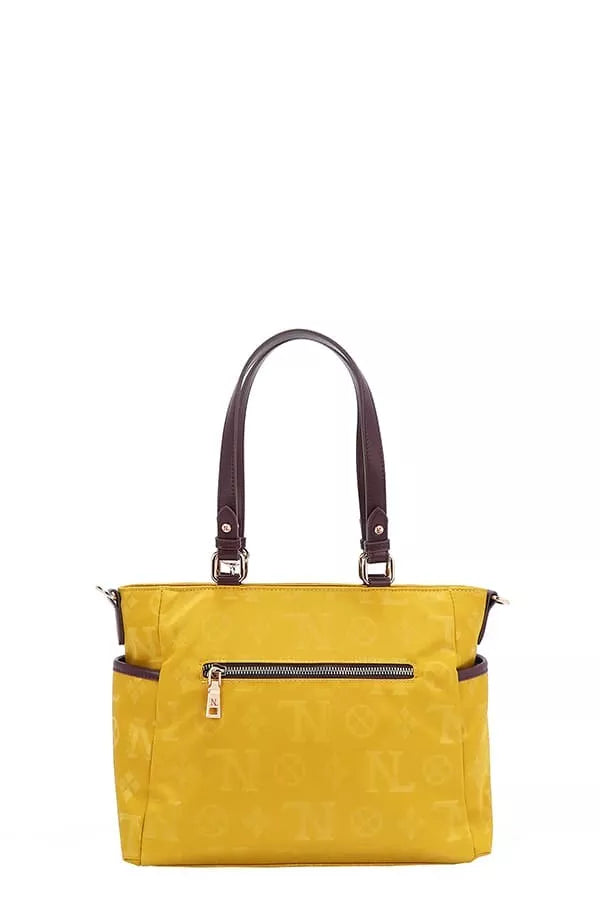 Yellow handbag with a brown handle on a white background