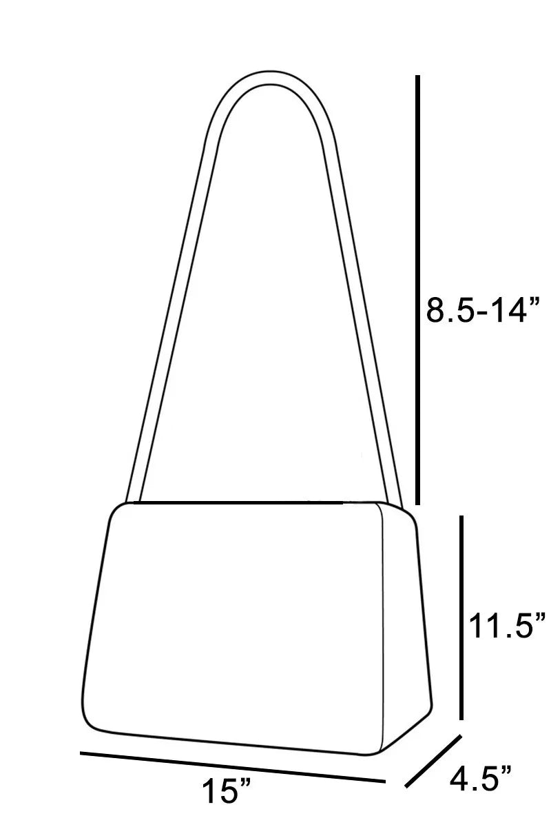 Line drawing of a handbag with dimensions labeled