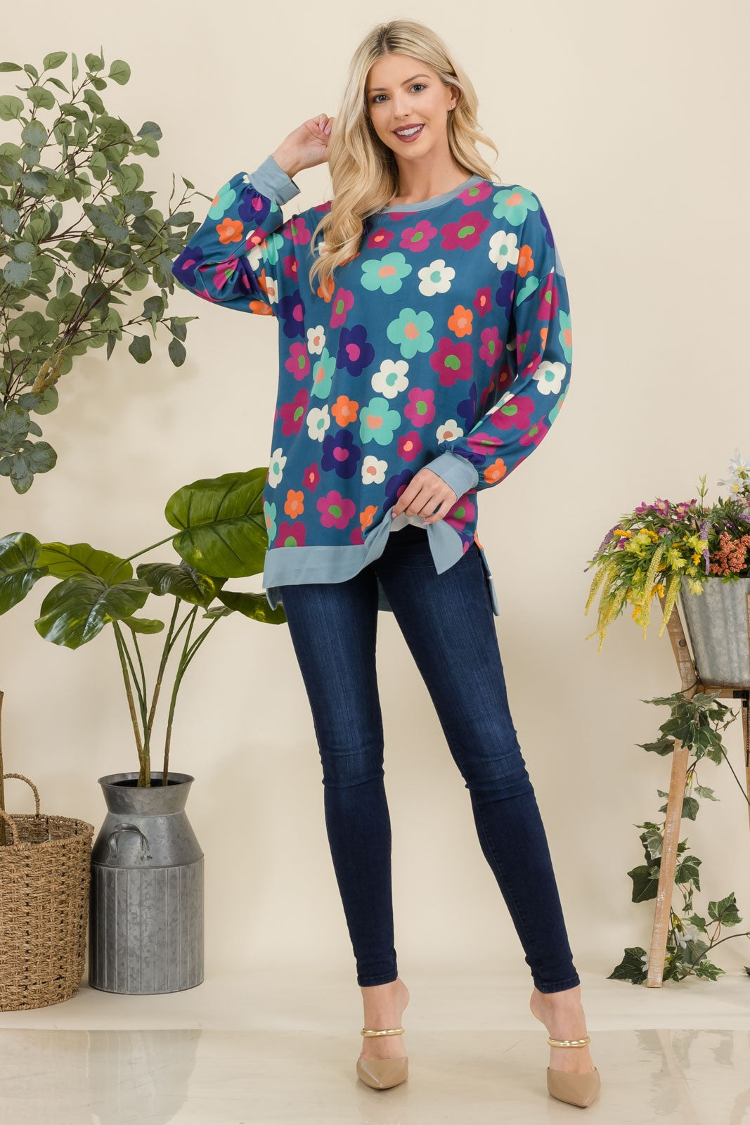 Flower Print Long Sleeve Tunic Top in Teal