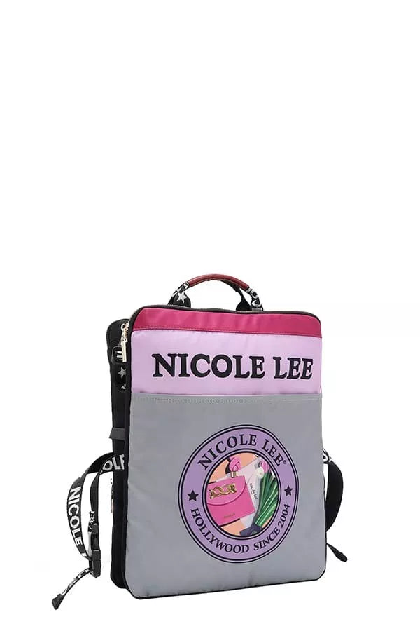 Gray and pink backpack with 'Nicole Lee' branding on a white background