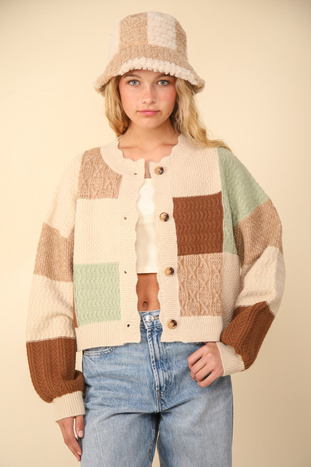 Color Block Button Down Textured Cardigan in Oatmeal