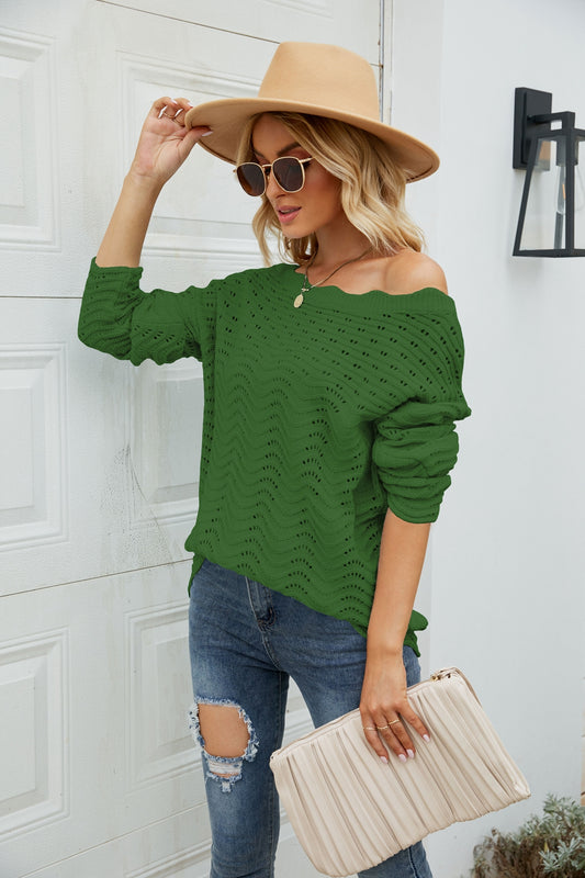 Scalloped Boat Neck Crochet Tunic Sweater