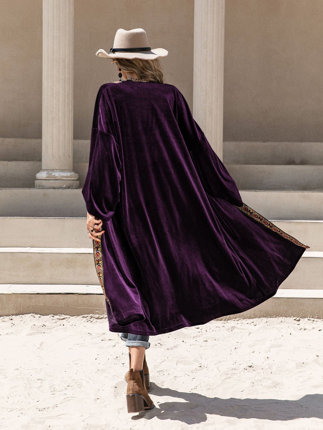 Embroidered Velvet Duster Cardigan in Plum