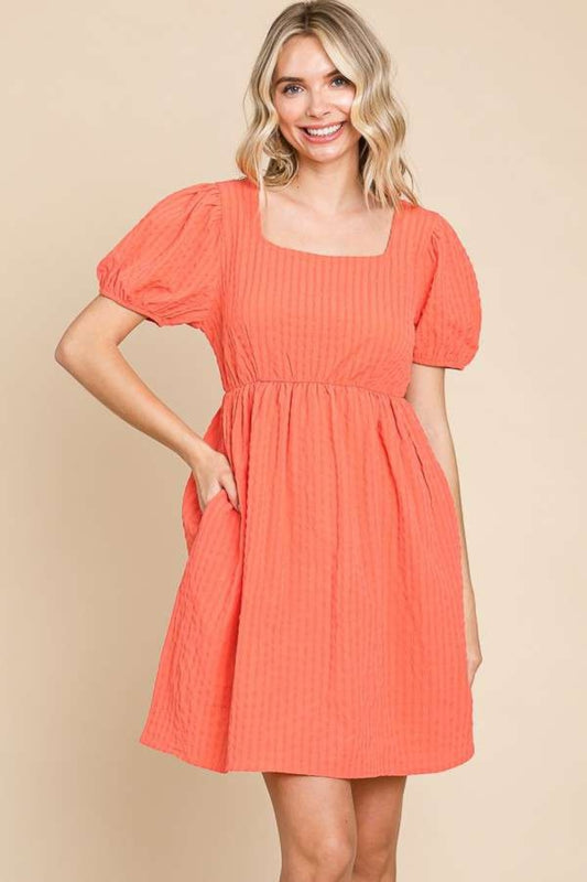 Textured Square Neck Short Sleeve Mini Dress in Sugar Coral