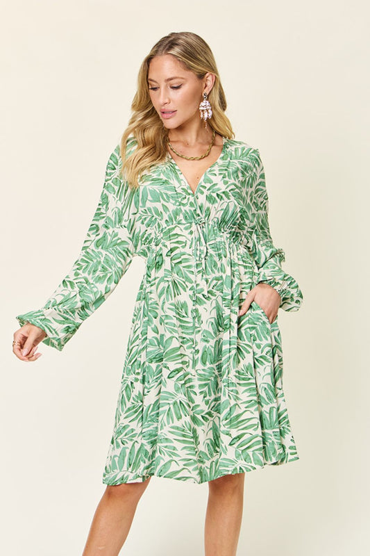 Printed Empire Waist Balloon Sleeve Mini Dress in Light Green