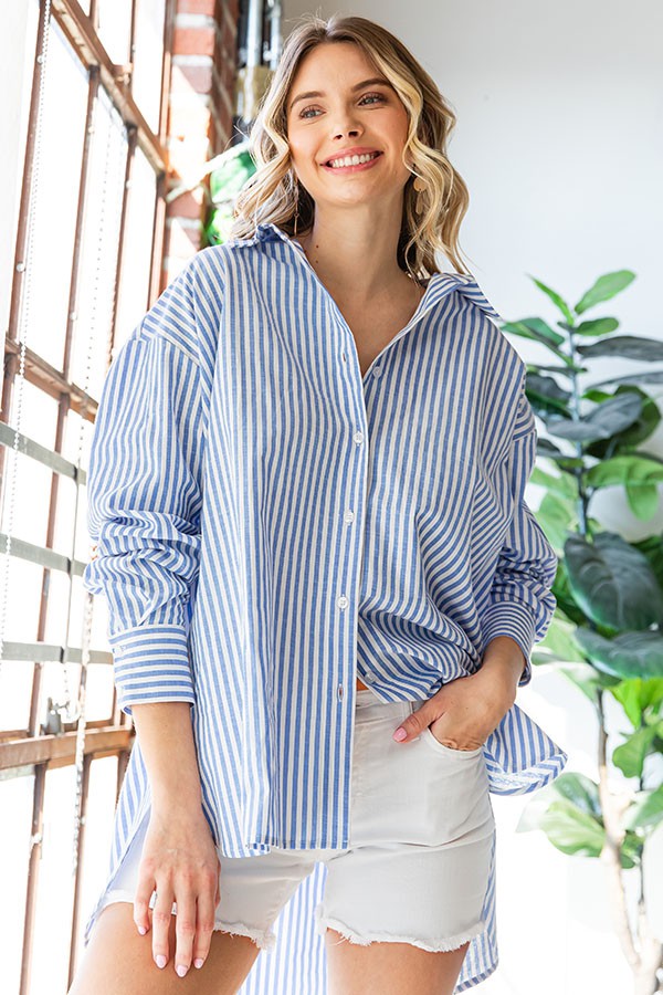 Blue Striped High-Low Hem Cotton Shirt