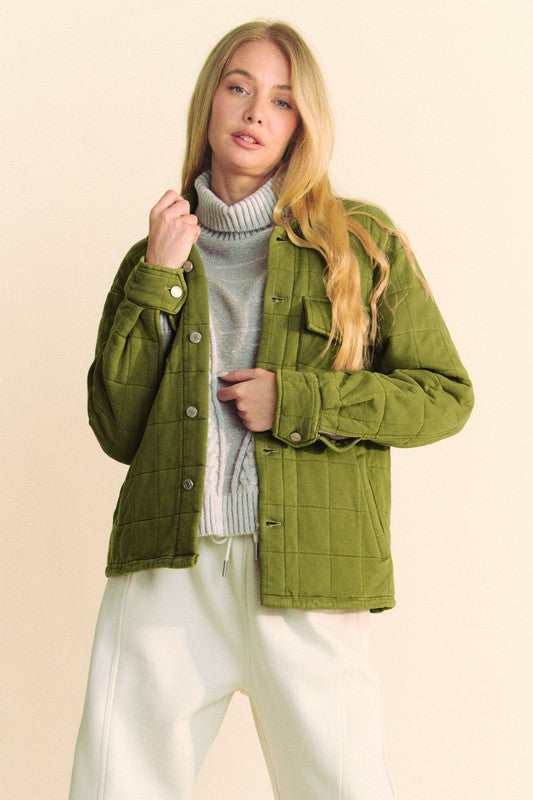 Yellow-Green Quilted Button Down Shacket