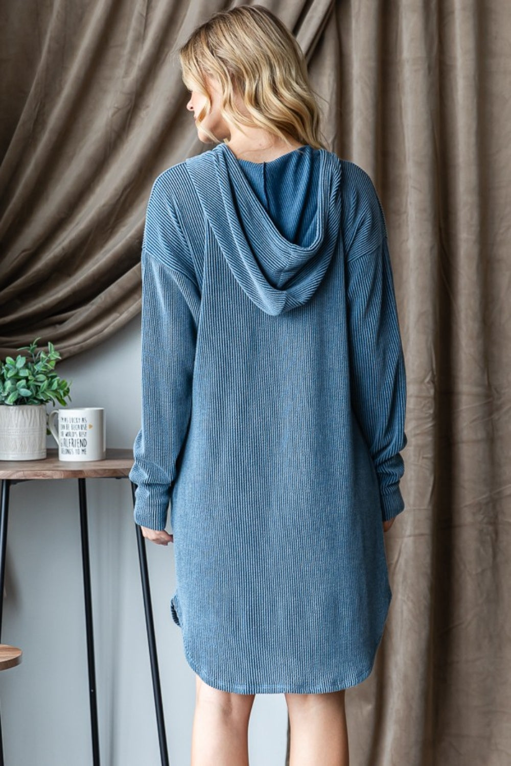 Rib Knit Long Sleeve Hooded Knee-Length Dress in Dark Denim Blue