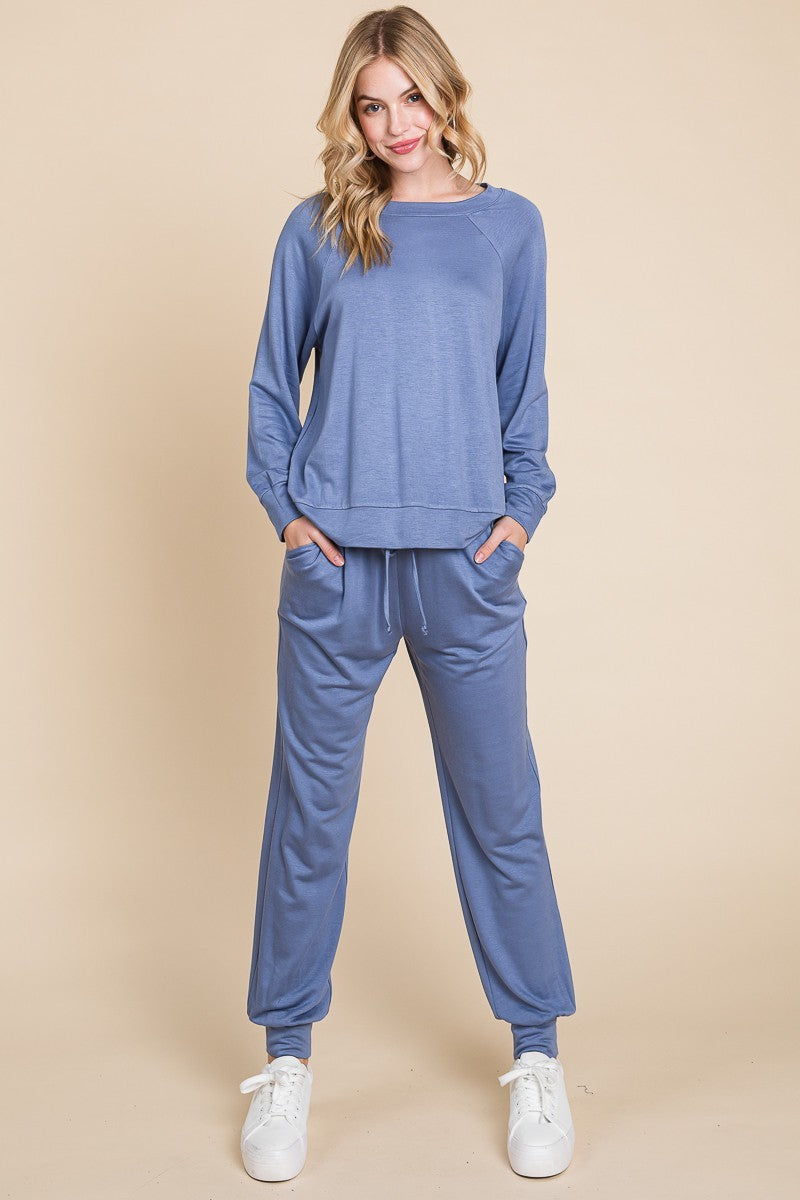 Powder Blue Raglan Sleeve Top & Pants Lounge Set