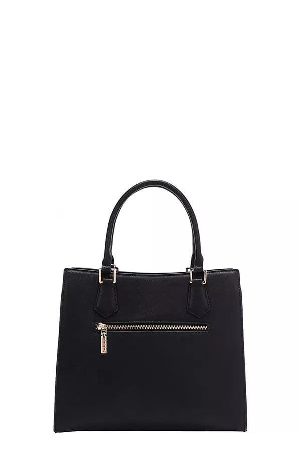 Black handbag with a zipper on a white background