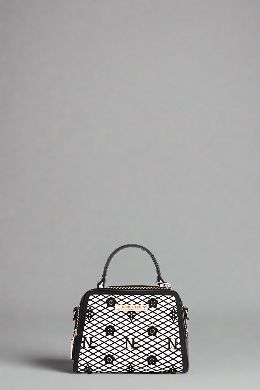 Black mesh handbag with a handle on a white background