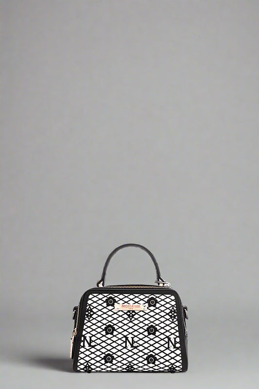 Black mesh handbag with a handle on a white background