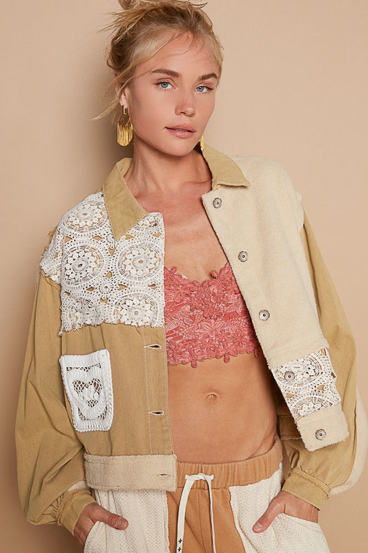 Crochet Patchwork Button Up Jacket in Sand Olive