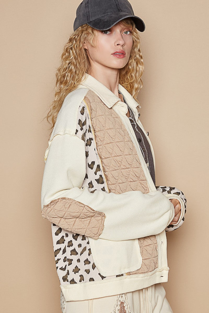 Leopard Print Button Up Quilted Jacket in Cream