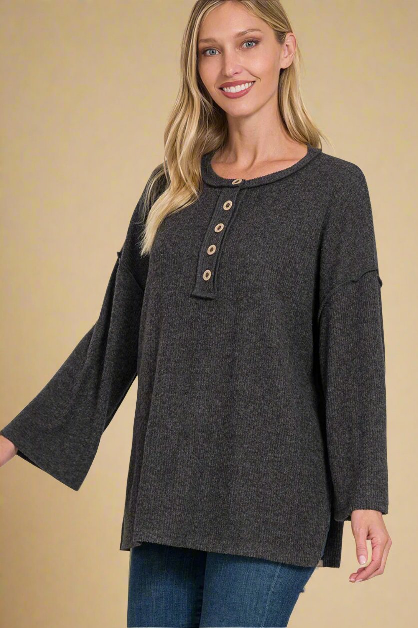 Black Rib Knit Half Button Tunic Top