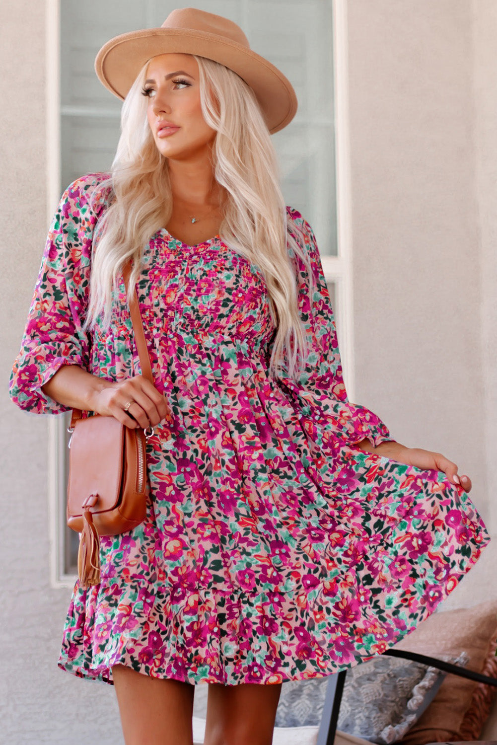 Floral Smocked V-Neck Mini Dress