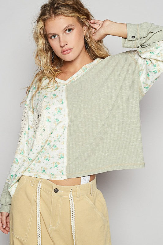 Floral Crochet V-Neck Top in Sage